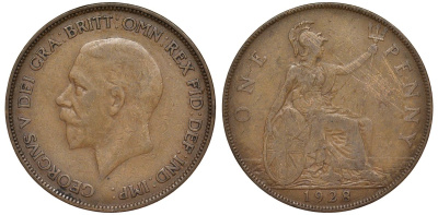 Великобритания 1 пенни 1928 Георг V (1910-1936) KM 838, Spink 4055 бронза 4123-1023