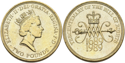 Великобритания 2 фунта 1989 Елизавета II (1952-2022), 300 лет "Биллю о правах" Англии KM 960, Spink 4312 (K2) никель латунь UNC 4557-411