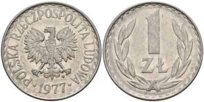 Польша 1 злотый 1977 MW KM 49.1 алюминий    4603-915