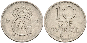 Швеция 10 эре 1968 Густав VI Адольф (1950-1973) KM 835 медно-никель 4585-359