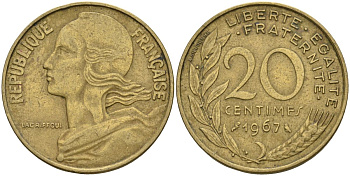 Франция 20 сантимов 1967 тип Marianne KM 930 алюминиевая бронза 4606-723
