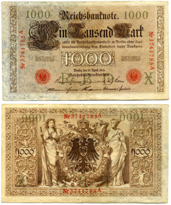 Германия 1000 марок 1910 21 апреля 1910, красная печать, номер семизначный, серия A, буква X, выпуск АПРЕЛЬ - ИЮЛЬ 1918 Pick 44, Роземберг 45b бумага VF 2194-22-1-2