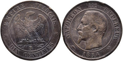 ФРАНЦИЯ 10 САНТИМОВ 1854 B, НАПОЛЕОН III (1852-1870) KM 771.2 бронза 4389-1014