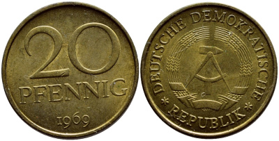 ГДР 20 пфеннигов 1969 А, первый год KM 11 латунь UNC 4398-1117