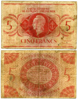 ФРАНЦУЗСКАЯ ЭКВАТОРИАЛЬНАЯ АФРИКА 5 ФРАНКОВ 1944 бумага 00-00