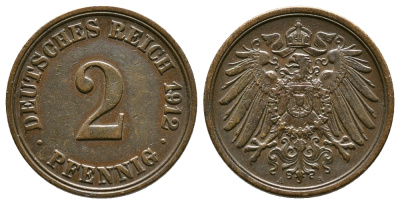 Германия 2 пфеннига 1912 A KM 16, J. 11, Weege 4 медь 4364-2746