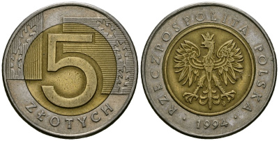 Польша 5 злотых 1994 MW KM 284 биметалл 4138-455