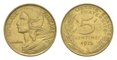 Франция 5 сантимов 1975 тип Morlon KM 933, Le Franc 125.11 алюминиевая бронза UNC 4630-328