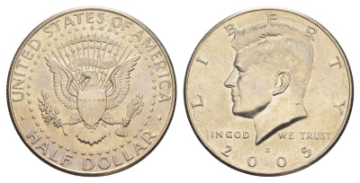 США 1/2 доллара (50 центов) 2005 D, Джон Кеннеди KM A202b медь плакированная медно-никелем aUNC 4517-425