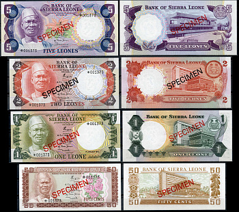 Сьерра-Леоне 50 центов, 1, 2, и 5 емалангени 1978 образец, Specimen, № 001373 Pick 4 s, 5 s, 6 s, 7 s  бумага  UNC (пресс) 451-24-1