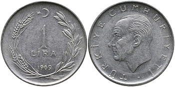 Турция 1 лира 1969 Мустафа Кемаль Ататюрк KM 889а.2 нержавеющая сталь 4538-1157