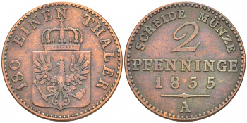 Пруссия 2 пфеннига 1855 А, Фридрих Вильгельм IV (1840-1861) KM 452, Jaeger 51, Olding 336, AKS 91 медь 77-752