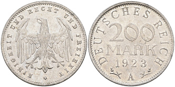 Германия 200 марок 1923 A KM 35, J. 304, Weege 22 алюминий UNC 4586-317