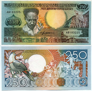 Суринам 250 гульденов 1988 Антон де Ком, тукан на ветке Pick 134 бумага UNC (пресс) 6300-18-3-1