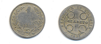 Колумбия 1 сентаво 1921 государственный лепрозорий KM L9 медно-никель 53-568