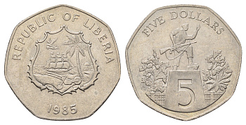 Либерия 5 долларов 1985 KM 44 медно-никель 4672-1035
