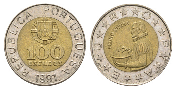 Португалия 100 эскудо 1991 Педру Нуниш (1502-1578), математик KM 645 биметалл 4390-134