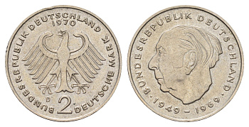 ФРГ 2 марки 1970 D, Теодор Хойс KM A127, J. 407 медно-никель 3459-955