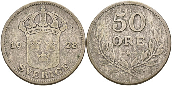 Швеция 50 эре 1928 W, Густав V (1907-1950) KM 788 серебро 92-1241