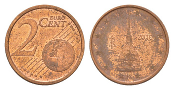 Италия 2 евроцента 2010 KM 211 сталь плакированная медью 4627-1132