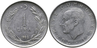Турция 1 лира 1969 Мустафа Кемаль Ататюрк KM 889а.2 нержавеющая сталь 4538-1157