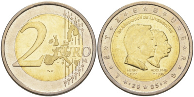 Люксембург 2 евро 2005 50-лет правящему монарху Анри Нассау, 100-летие со дня смерти герцога Люксембургского Адольфа KM 87 биметалл UNC 4185-1015