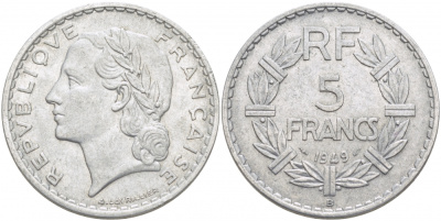 Франция 5 франков 1949 В, тип Лаврийе KM 888b.2, LE FRANC 339.19 алюминий aUNC 4403-233