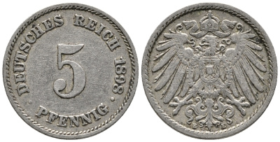 ГЕРМАНИЯ 5 ПФЕННИГОВ 1898 E KM 11, J. 12 медно-никель 39-728