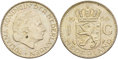 Нидерланды 1 гульден 1966 Юлиана (1948-1980) KM 184 серебро 4175-257