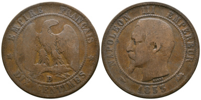 Франция 10 сантимов 1853 D, Наполеон III (1852-1870) KM 771.4, Le Franc 133 бронза 08-1213