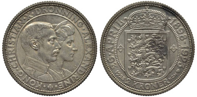 Дания 2 кроны 1923 HCN; GJ, 26 Апреля (1898-1923) серебряная свадьба Кристиана X и Александры KM 821 серебро 1522-642