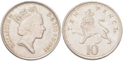 Великобритания 10 пенсов 1997 Елизавета II (1952-2022) KM 938b, Spink F4 медно-никель 4128-452