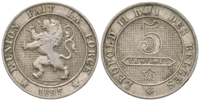 Бельгия 5 сантимов 1895 DES BELGES, Леопольд II (1865-1909) KM 40 медно-никель 4617-615