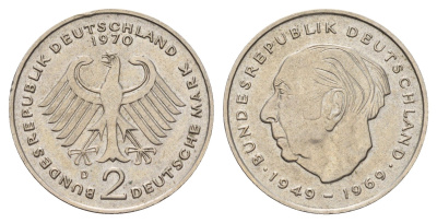 ФРГ 2 марки 1970 D, Теодор Хойс KM A127, J. 407 медно-никель 3459-955