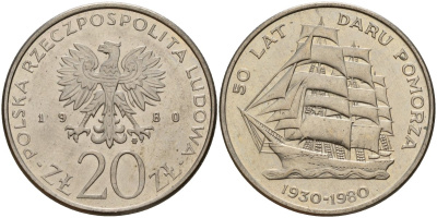 Польша 20 злотых 1980 MW, 50 лет фрегату «Дары Поморца» KM 112, Parchimowicz 253 медно-никель 4157-1014