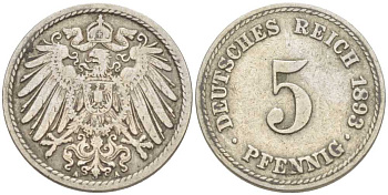 ГЕРМАНИЯ 5 ПФЕННИГОВ 1893 А KM 11, J. 12 медно-никель 206-1167