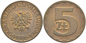 Польша 5 злотых 1976 монетный двор Ленинград (ЛМД) KM 81.1, Parchimowicz 221b латунь 3856-1124