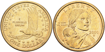 США 1 доллар 2000 Р, индианка Сакагавея KM 310 медь с марганцево-латунным покрытием 63-1145