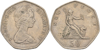 Великобритания 50 пенсов 1969 Елизавета II (1952-2022) KM 913, Spink 4223 (H1) медно-никель 4583-1236