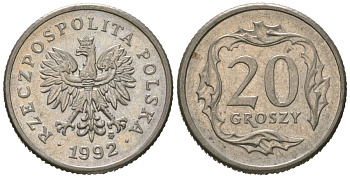 Польша 20 грошей 1992 MW Y 280 медно-никель aUNC 4621-324