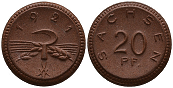 Саксония 20 пфеннигов 1921 колосья и серп J. N 53 фарфор UNC 1094-8-11
