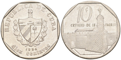 Куба 10 сентаво 1994 форт в Гаване Ла-Фуэрса KM 576.1 сталь плакированная никелем 4591-122