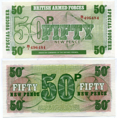 АНГЛИЯ 50 ПЕНСОВ 1972 ДЛЯ ВООРУЖЕННЫХ СИЛ, 6 СЕРИЯ, BRADBURY WILKJSON @ Co Pick М 46 бумага UNC (ПРЕСС) 6317-43-4
