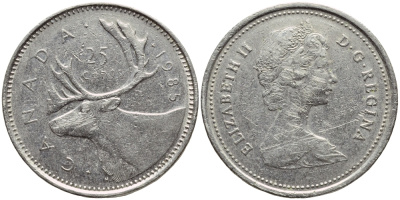 КАНАДА 25 ЦЕНТОВ 1985 ОЛЕНЬ KM 74 никель 4397-112