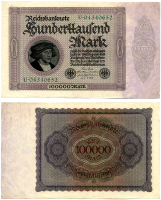 ГЕРМАНИЯ 100000 МАРОК 1923 1 ФЕВРАЛЯ 1923, НОМЕР ВОСЬМИЗНАЧНЫЙ, СЕРИЯ U Pick 83, Роземберг 82a бумага XF 7553-44-2