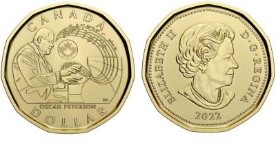 Канада 1 доллар 2022 Оскар Питерсон, пианист KM 3188 сталь плакированная латунью  UNC  4531-141