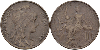 ФРАНЦИЯ 10 САНТИМОВ 1909 ТИП ДАНИЭЛЬ ДЮПЮИ KM 843, LA FRANC 136.19 бронза 97-1226