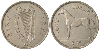 ИРЛАНДИЯ 1/2 КРОНЫ 1951 ЛОШАДЬ KM 16a медно-никель 4389-1021