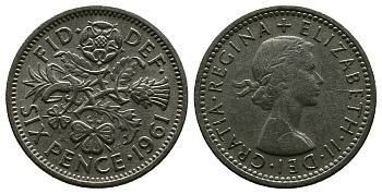 Великобритания 6 пенсов 1961 Елизавета II (1952-2022) KM 903, Spink 4149 медно-никель 4381-732