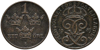 Швеция 1 эре 1939 Густав V (1907-1950) KM 777.2 бронза 201-1137